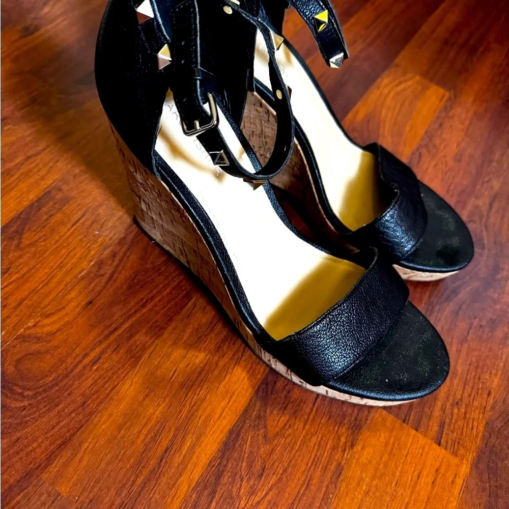 Marc Fisher Black Wedge Studded Leather Sandals Size 10